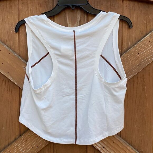 Terez Ivory WorkIt Cropped Crewneck Racerback Tank Top w/Brown Piping. XS. NWT - Picture 2 of 4